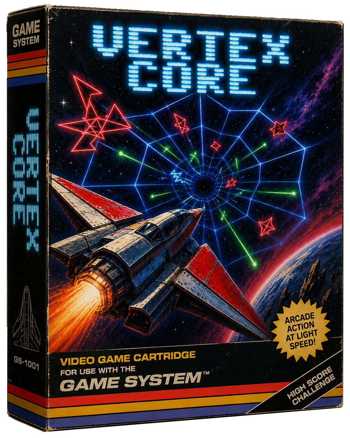 Vertex Core boxed cartridge art: a chrome fighter banking away from a glowing blue wireframe tunnel