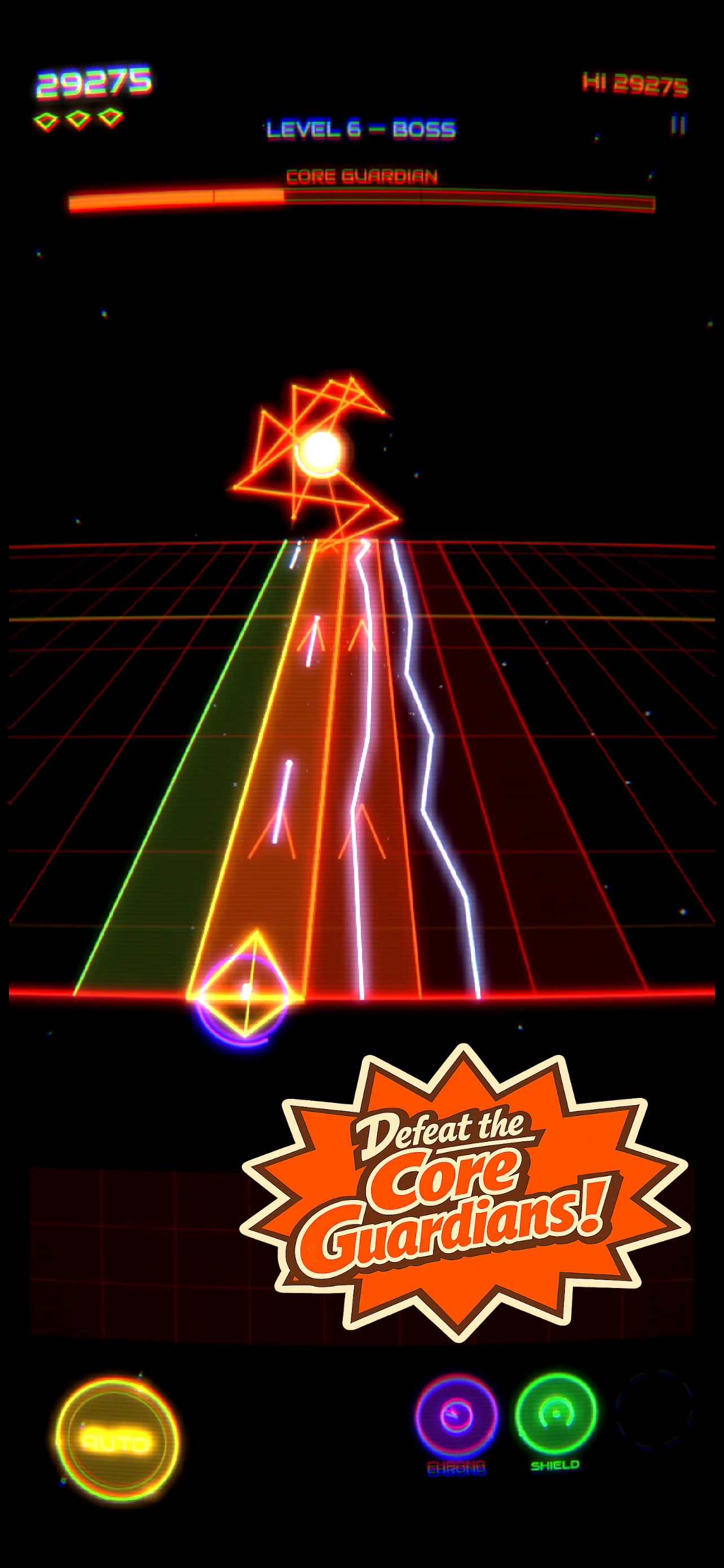 Boss fight: the Core Guardian, a writhing knot of orange light, descending over a red grid battlefield