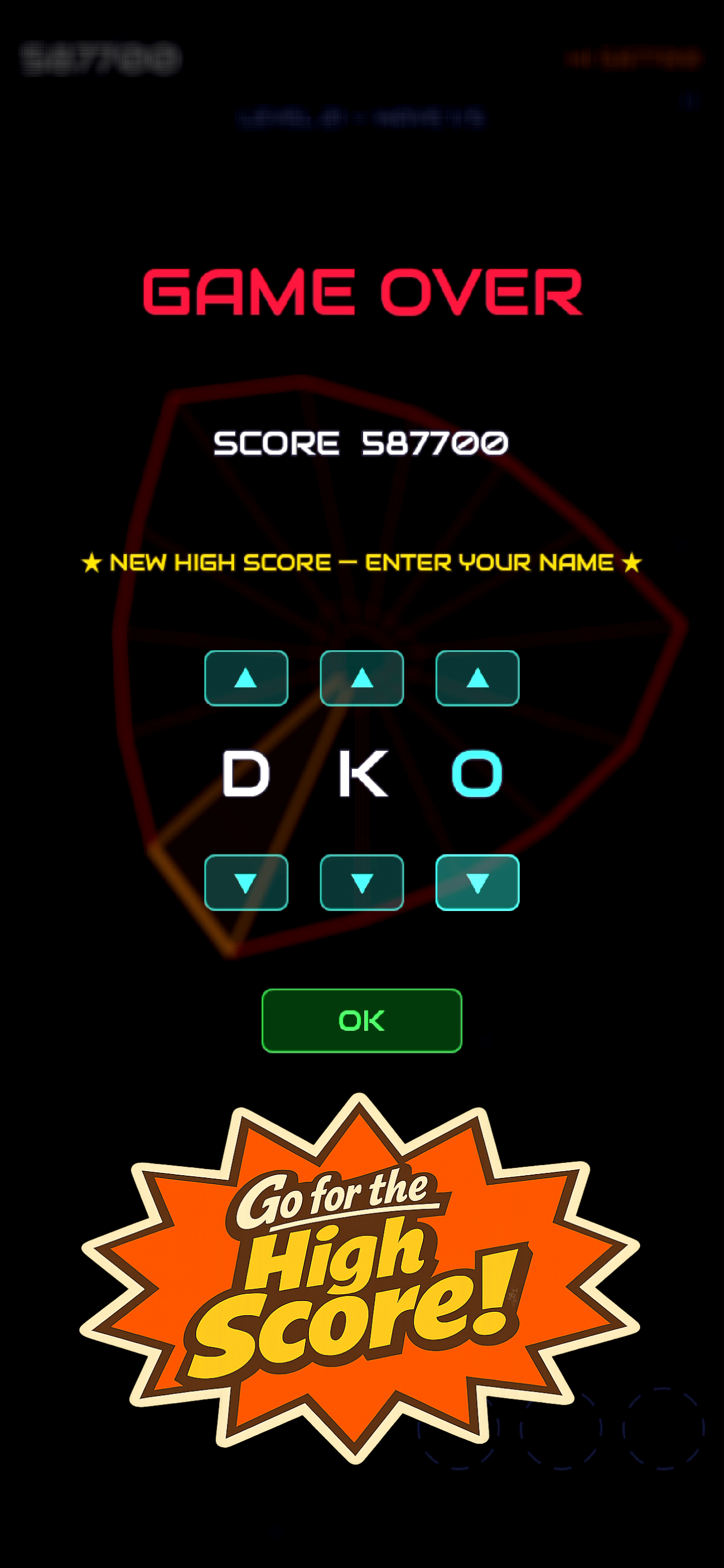 Game over screen showing a new high score and a three-letter arcade name entry